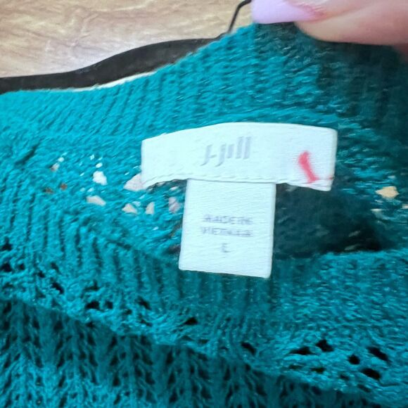 J. Jill Open Knit Sweater Size L Teal Blue Beachy Tunic Round Neck Crochet Top - Picture 5 of 7